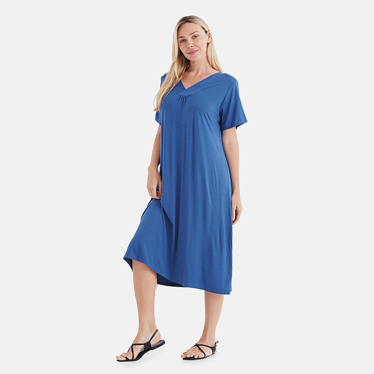 TAMSY Turquoise Solid Knit Summer House Dress with Sleeves - One Size Fits Most image number 2