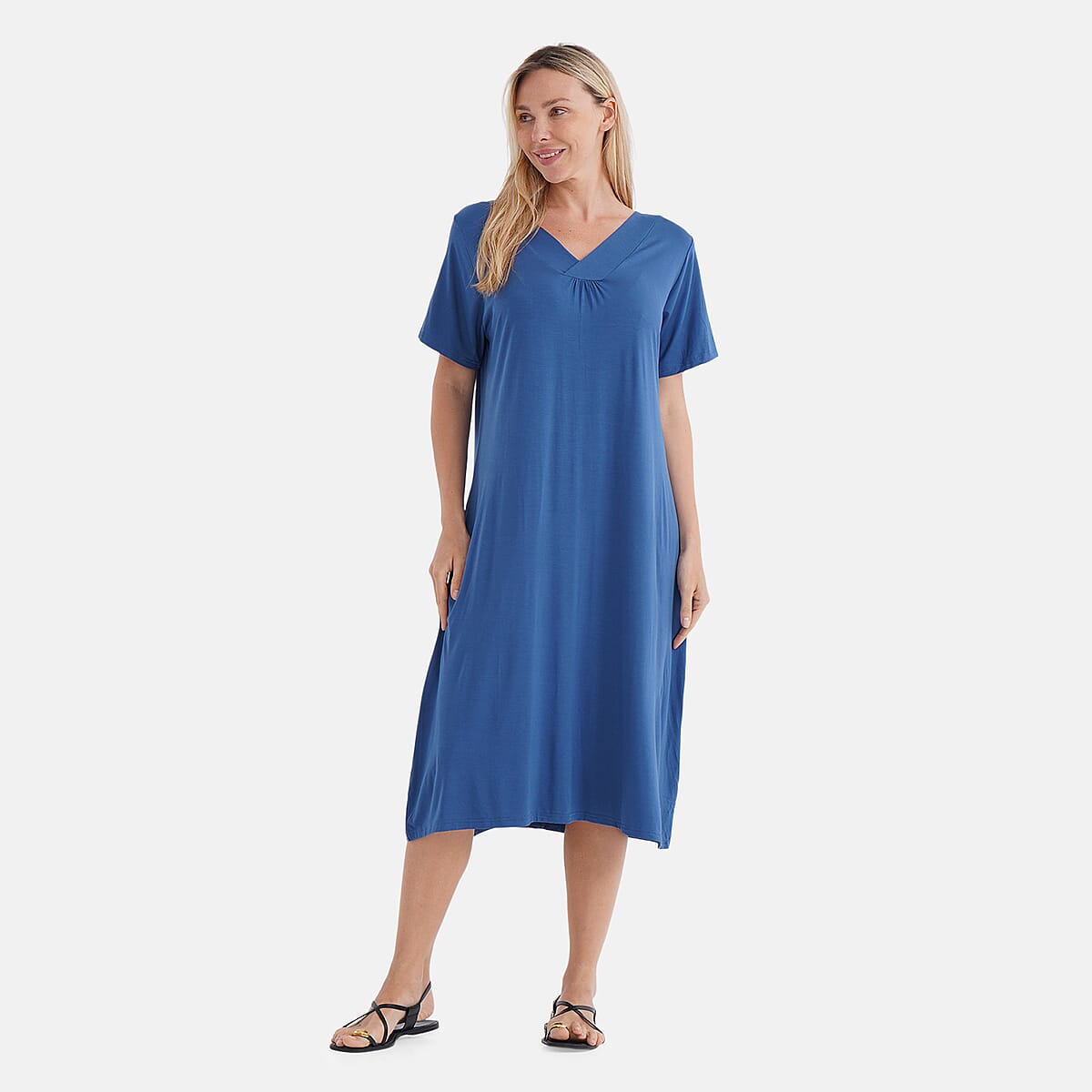 TAMSY Turquoise Solid Knit Summer House Dress with Sleeves - One Size Fits Most image number 3