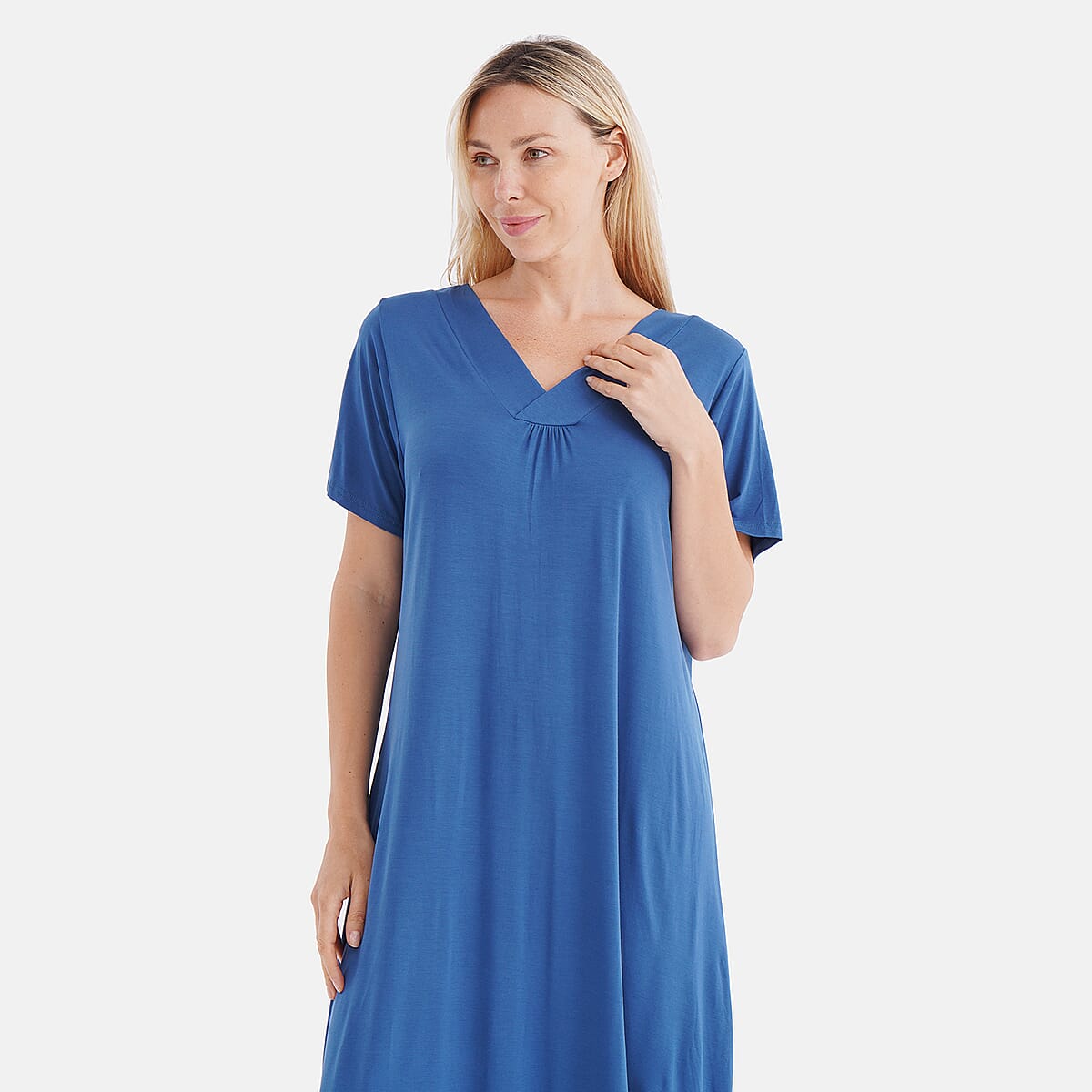 TAMSY Turquoise Solid Knit Summer House Dress with Sleeves - One Size Fits Most image number 4