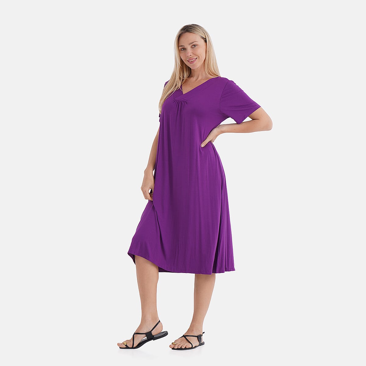 TAMSY Eggplant Solid Knit Summer House Dress with Sleeves - One Size Fits Most image number 2