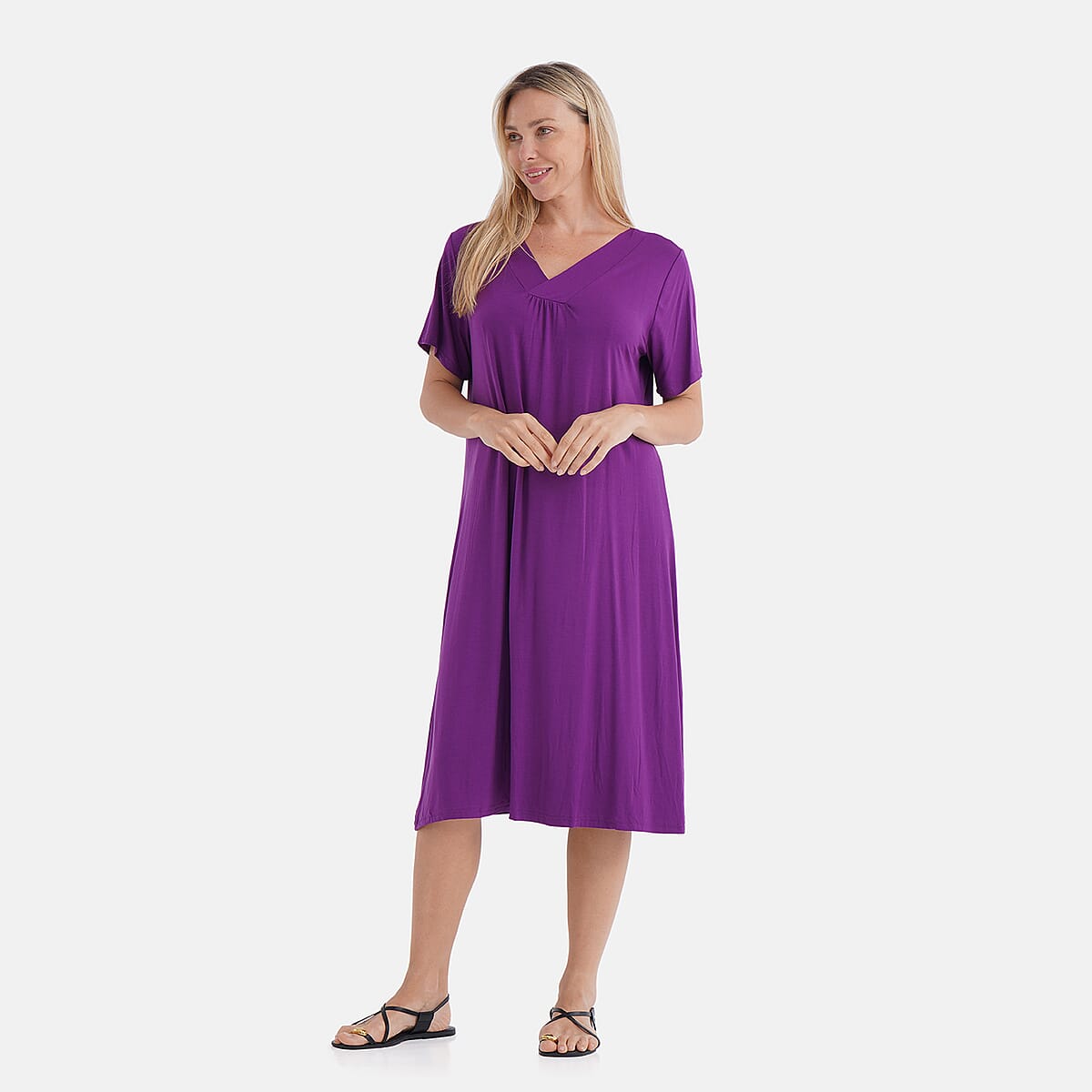 TAMSY Eggplant Solid Knit Summer House Dress with Sleeves - One Size Fits Most image number 3