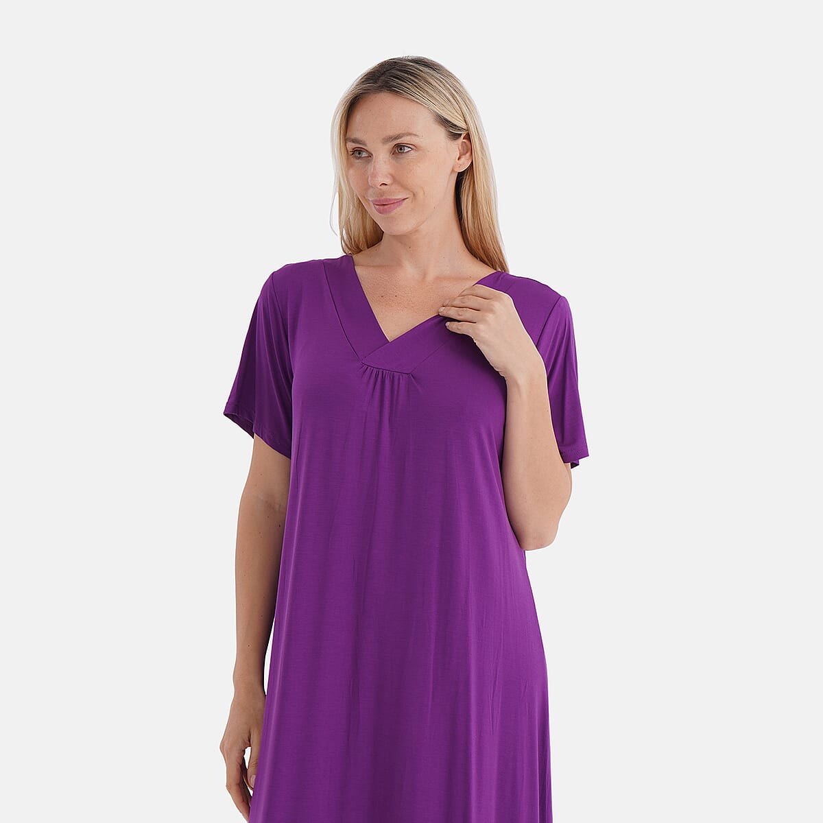 TAMSY Eggplant Solid Knit Summer House Dress with Sleeves - One Size Fits Most image number 4