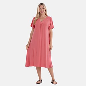 TAMSY Coral Solid Knit Summer House Dress with Sleeves - One Size Fits Most