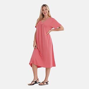 TAMSY Coral Solid Knit Summer House Dress with Sleeves - One Size Fits Most