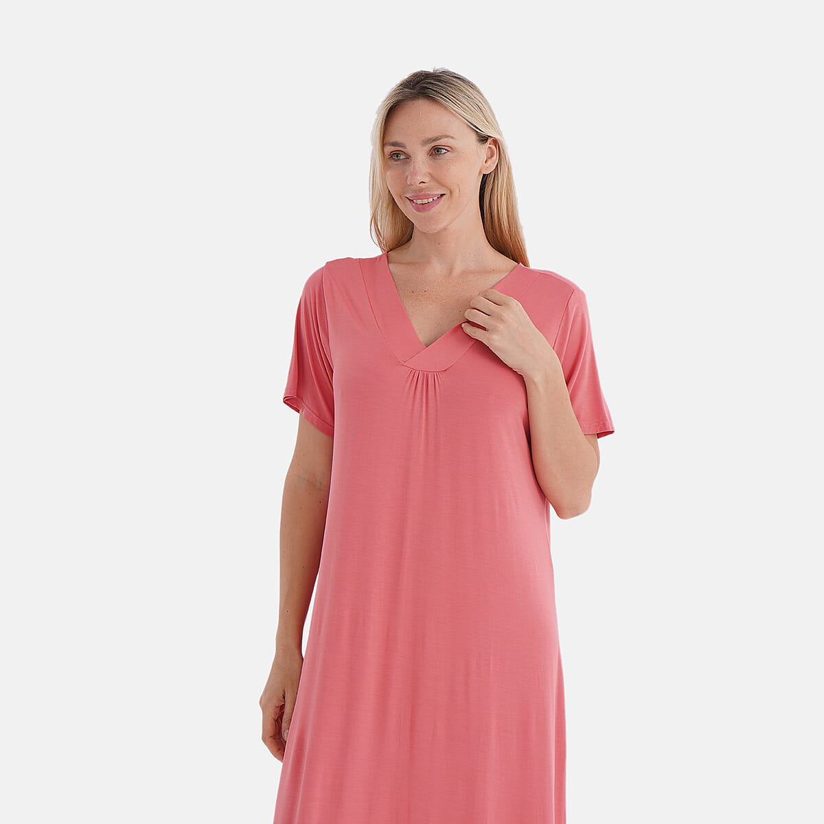 TAMSY Coral Solid Knit Summer House Dress with Sleeves - One Size Fits Most image number 4