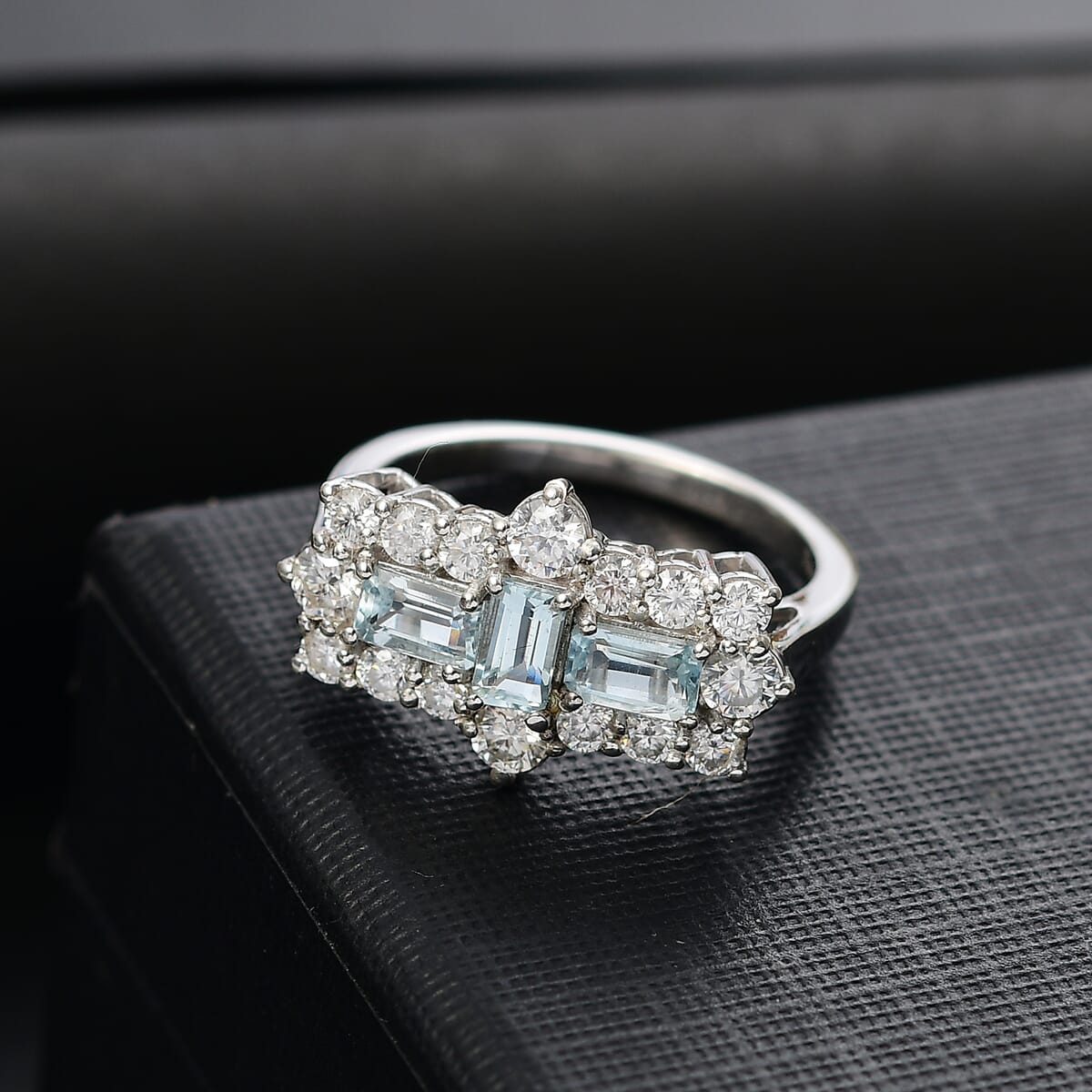 D'Joy Premium Mangoro Aquamarine and Moissanite 1.90 ctw Ocean Prism Ring in Rhodium Over Sterling Silver (Size 7.0) image number 1