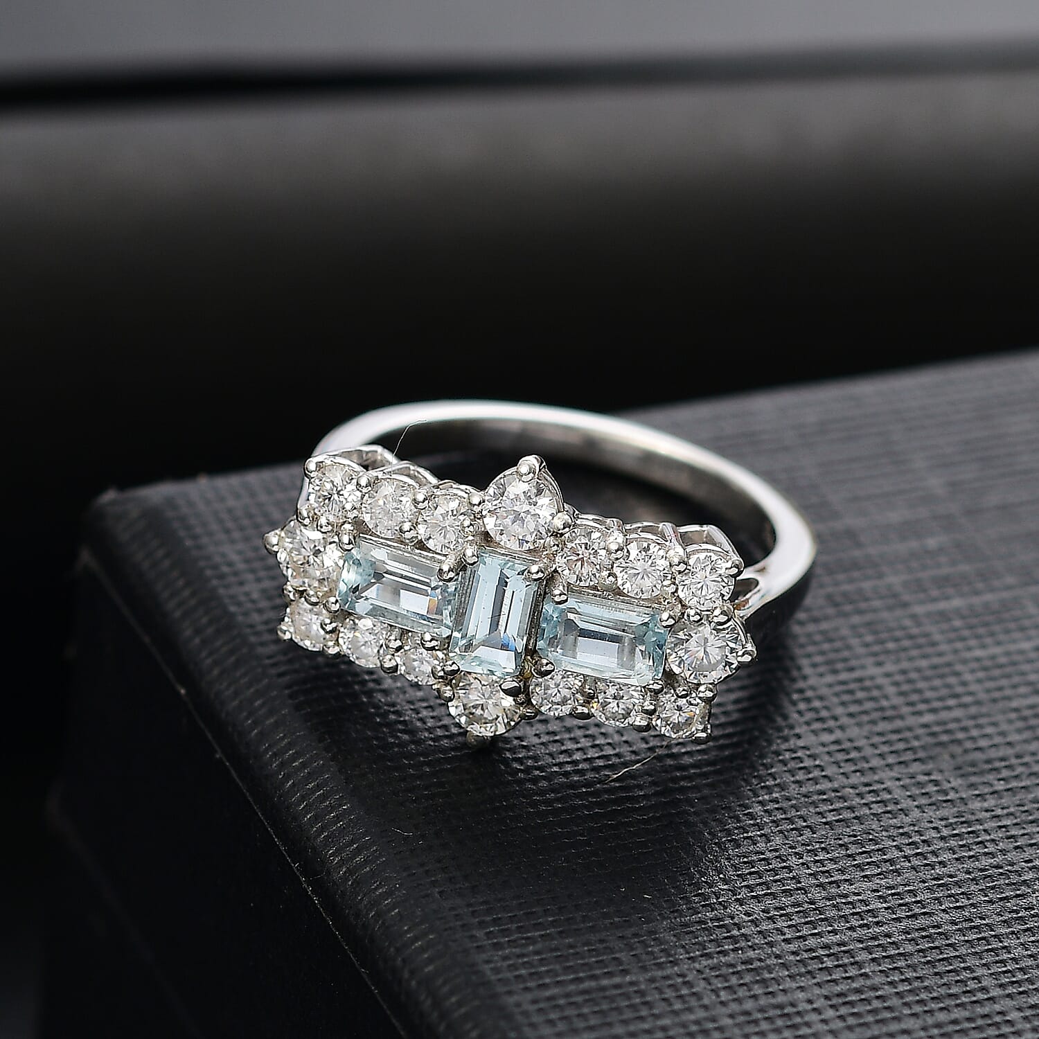 Premium Mangoro Aquamarine and Moissanite 1.90 ctw Ocean Prism Ring in Rhodium Over Sterling Silver (Size 9.0)