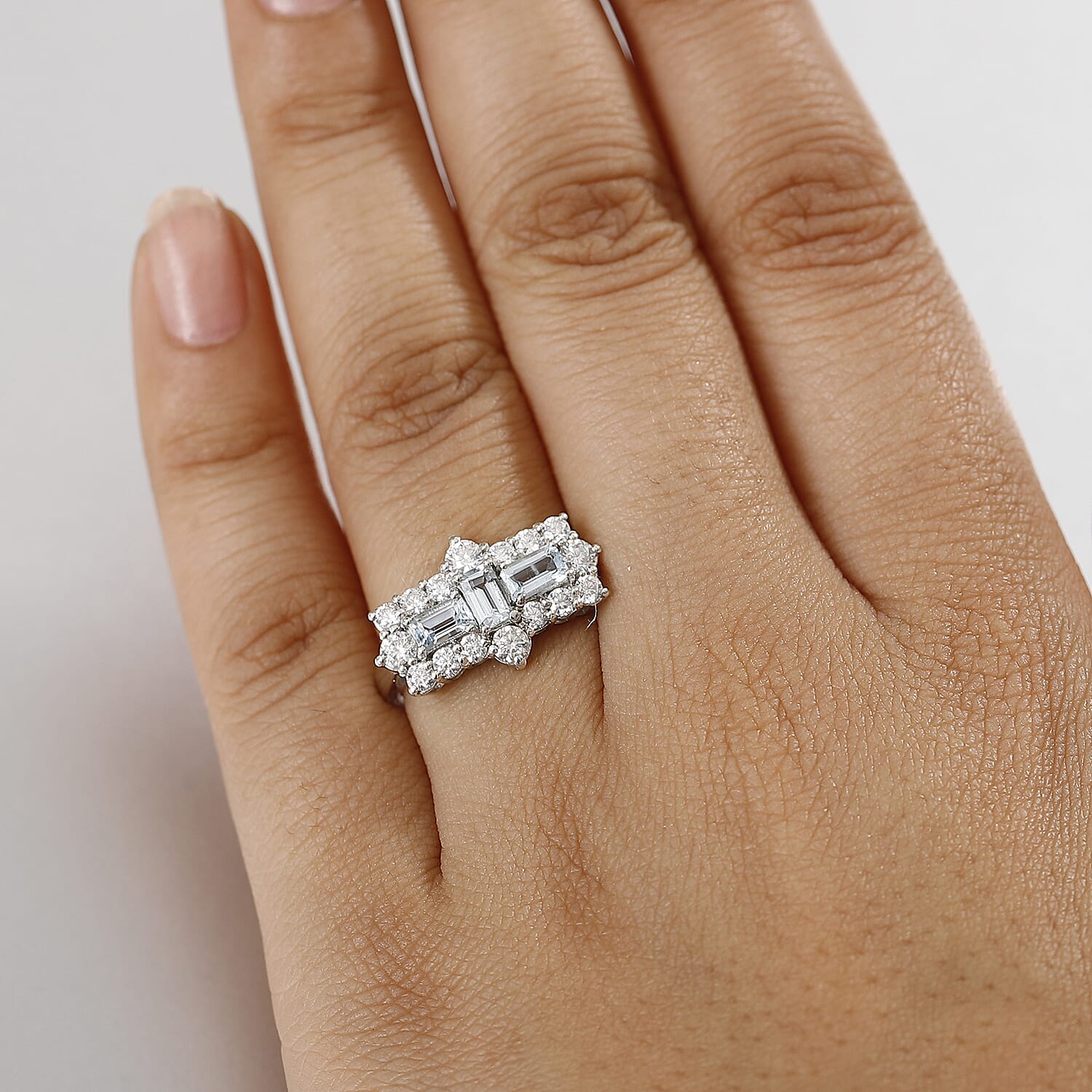 Premium Mangoro Aquamarine and Moissanite 1.90 ctw Ocean Prism Ring in Rhodium Over Sterling Silver (Size 9.0)