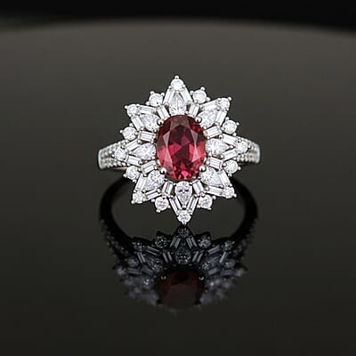 D'Joy Ouro Fino Rubellite, Moissanite Elite Starburst Ring in Rhodium Over Sterling Silver 2.70 ctw (Size 7.0)