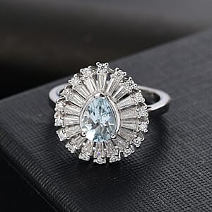 Premium Mangoro Aquamarine, Moissanite Oceans Tear Ring in Rhodium Over Sterling Silver (Size 10.0) 1.90 ctw