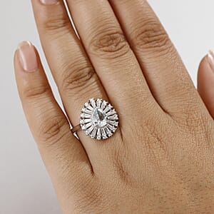 Premium Mangoro Aquamarine, Moissanite Oceans Tear Ring in Rhodium Over Sterling Silver (Size 10.0) 1.90 ctw