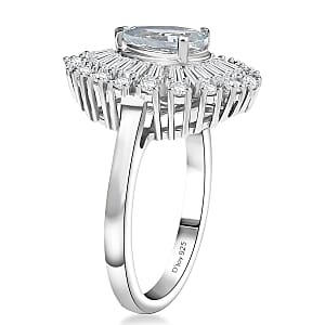 Premium Mangoro Aquamarine, Moissanite Oceans Tear Ring in Rhodium Over Sterling Silver (Size 10.0) 1.90 ctw