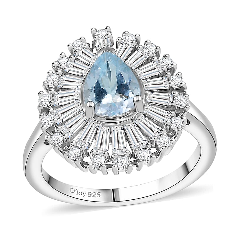 Premium Mangoro Aquamarine, Moissanite Oceans Tear Ring in Rhodium Over Sterling Silver (Size 10.0) 1.90 ctw