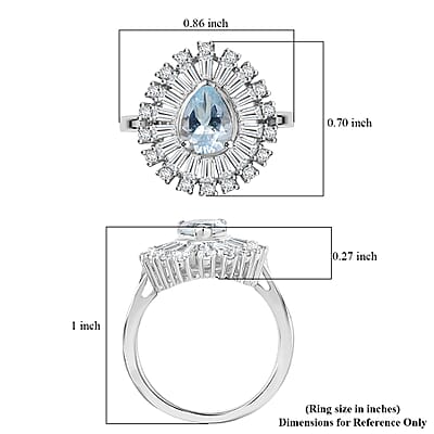 Premium Mangoro Aquamarine, Moissanite Oceans Tear Ring in Rhodium Over Sterling Silver (Size 10.0) 1.90 ctw