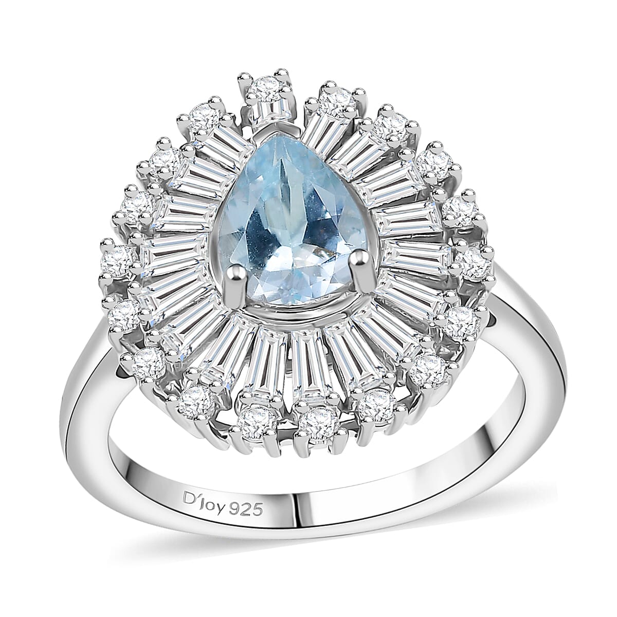 D'Joy Premium Mangoro Aquamarine and Moissanite 1.90 ctw Oceans Tear Ring in Rhodium Over Sterling Silver (Size 6.0)  image number 0