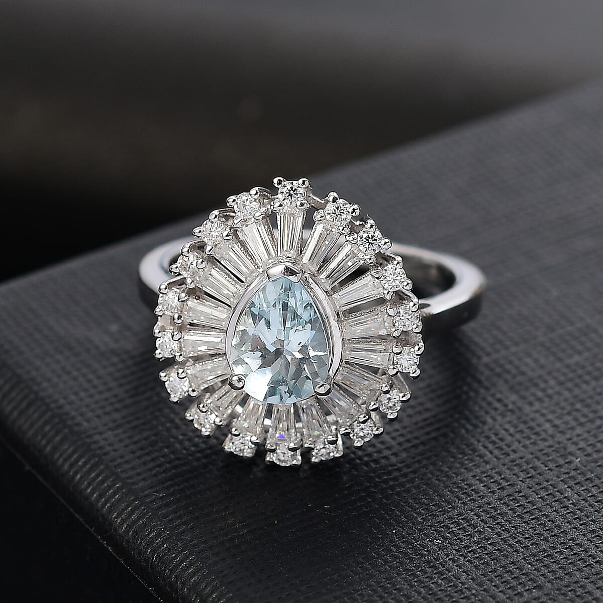 D'Joy Premium Mangoro Aquamarine and Moissanite 1.90 ctw Oceans Tear Ring in Rhodium Over Sterling Silver (Size 6.0)  image number 1