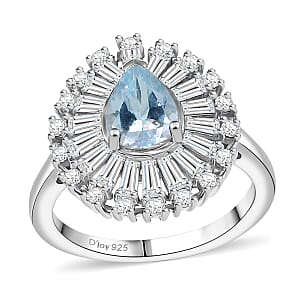 D'Joy Premium Mangoro Aquamarine and Moissanite 1.90 ctw Oceans Tear Ring in Rhodium Over Sterling Silver (Size 8.0) 