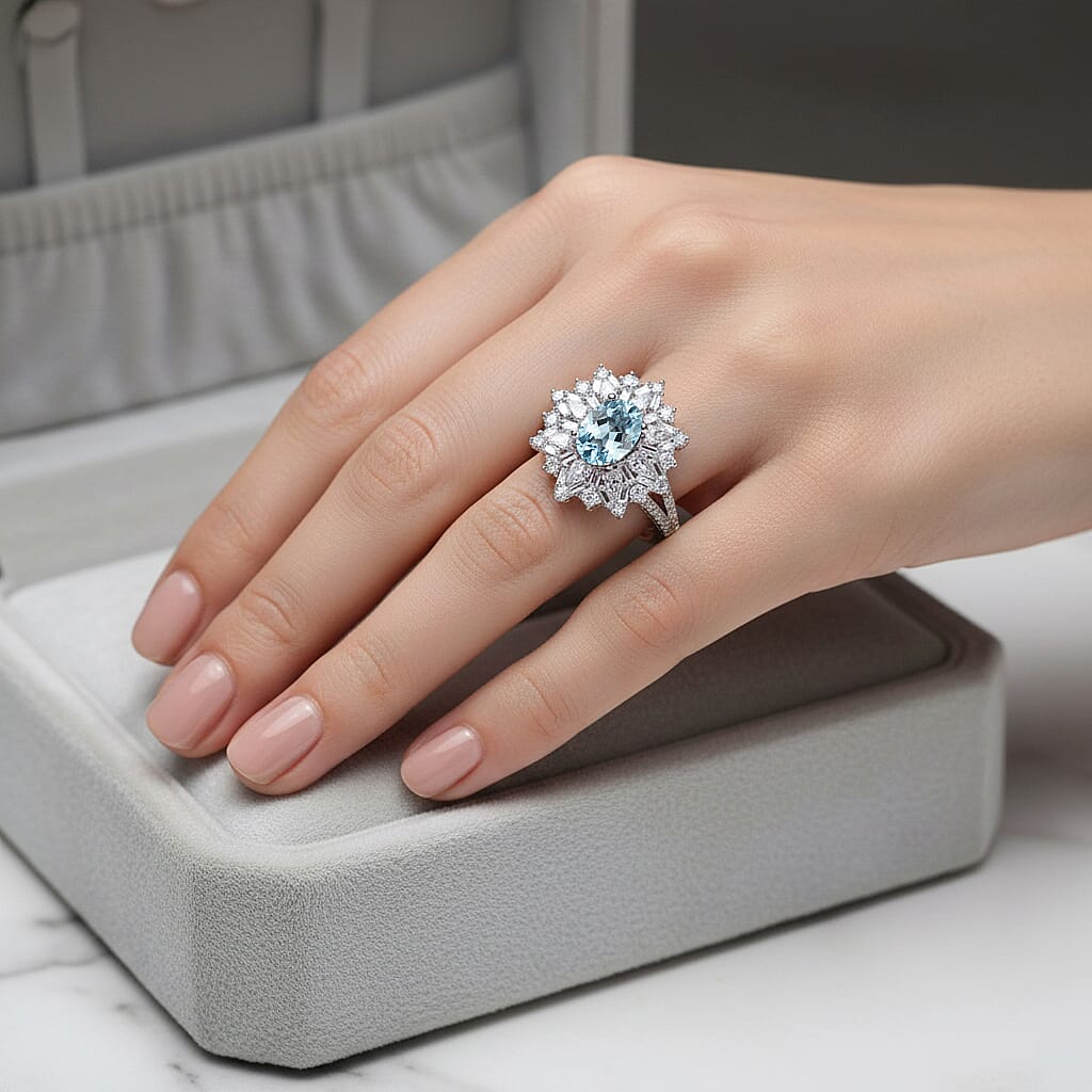 D'Joy Santa Maria Aquamarine, Moissanite Elite Starburst Ring in Rhodium Over Sterling Silver 2.35 ctw (Size 10.0)