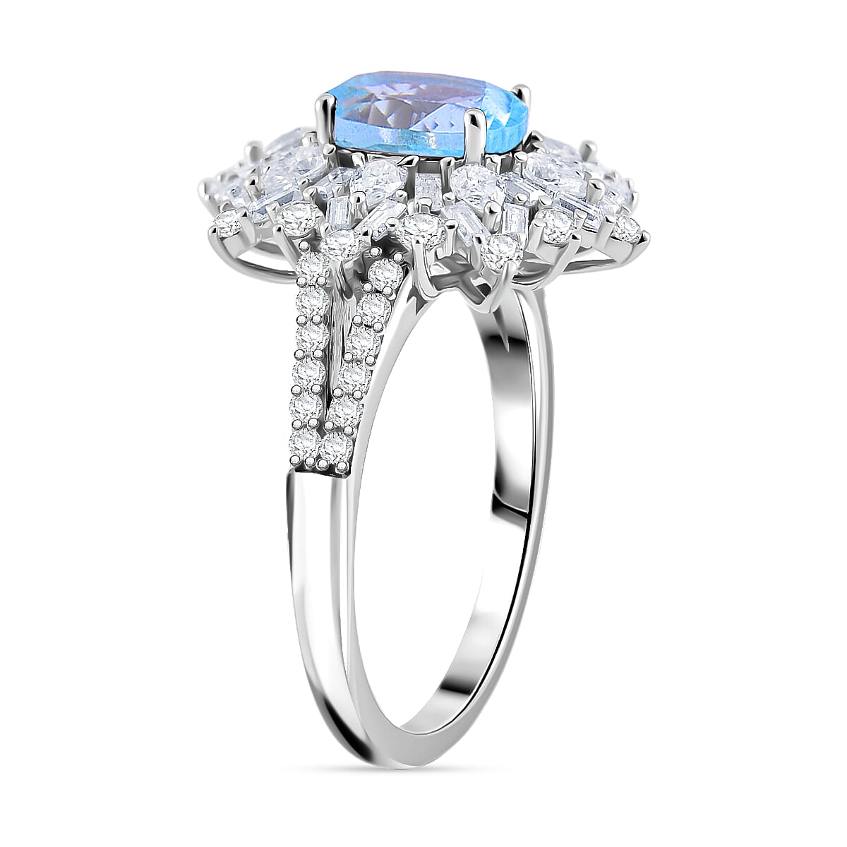 D'Joy Santa Maria Aquamarine, Moissanite Elite Starburst Ring in Rhodium Over Sterling Silver 2.35 ctw (Size 10.0)