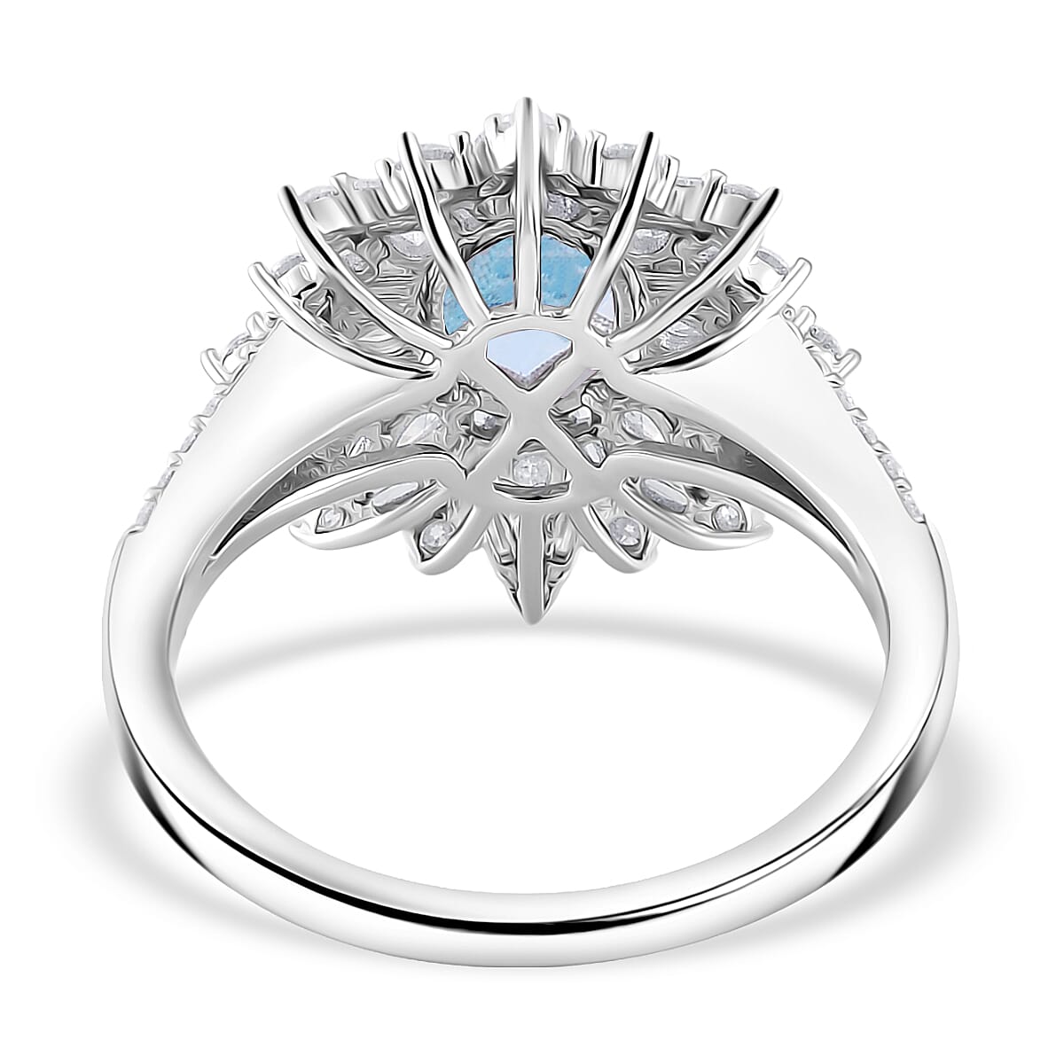 D'Joy Santa Maria Aquamarine, Moissanite Elite Starburst Ring in Rhodium Over Sterling Silver 2.35 ctw (Size 10.0)