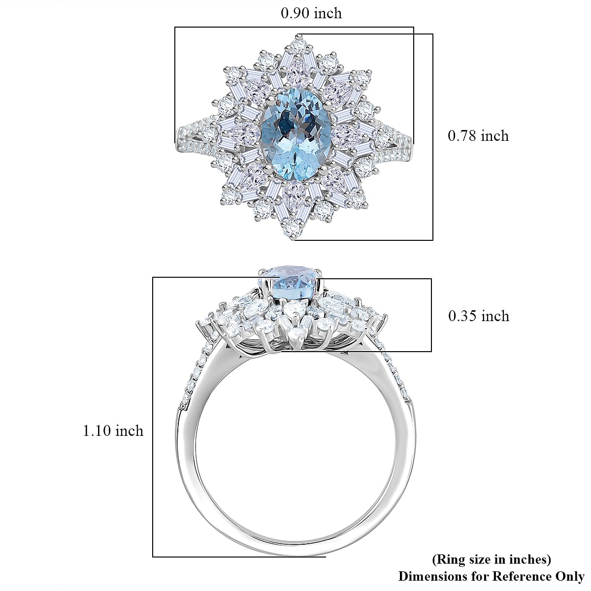 D'Joy Santa Maria Aquamarine, Moissanite Elite Starburst Ring in Rhodium Over Sterling Silver 2.35 ctw (Size 10.0)