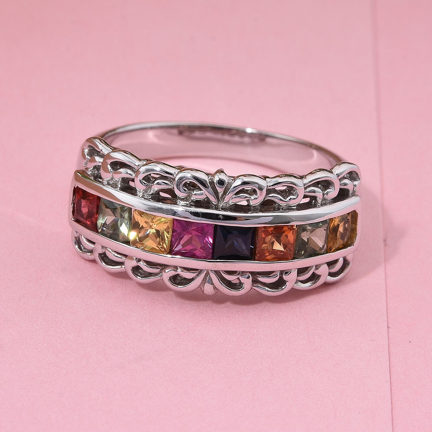 Multi Sapphire 1.25 ctw Regal Arc Ring in Rhodium Over Sterling Silver (Size 10.0)