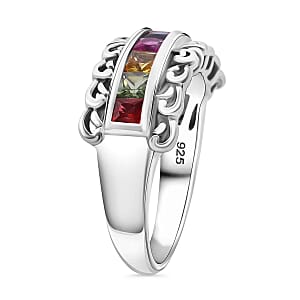 Multi Sapphire 1.25 ctw Regal Arc Ring in Rhodium Over Sterling Silver (Size 5.0)