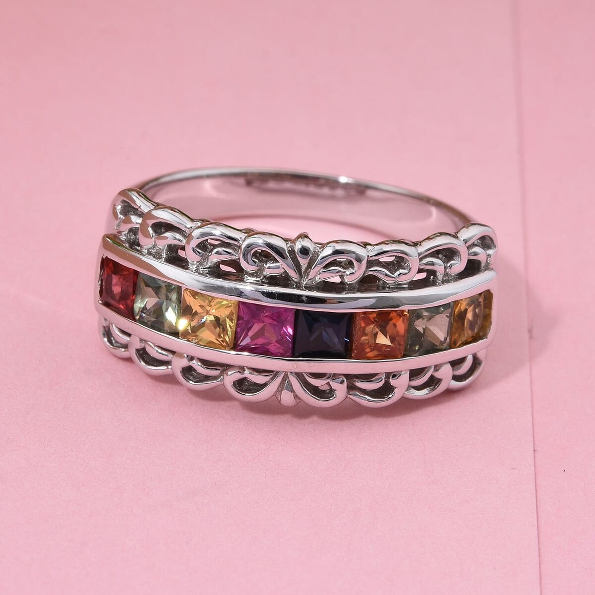 Multi Sapphire 1.25 ctw Regal Arc Ring in Rhodium Over Sterling Silver (Size 9.0) image number 1