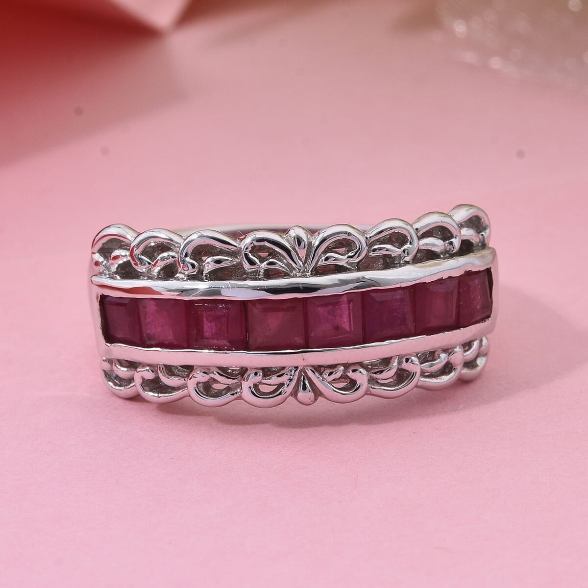 Niassa Ruby (FF) 2.00 ctw Regal Arc Ring in Rhodium Over Sterling Silver (Size 5.0) image number 1
