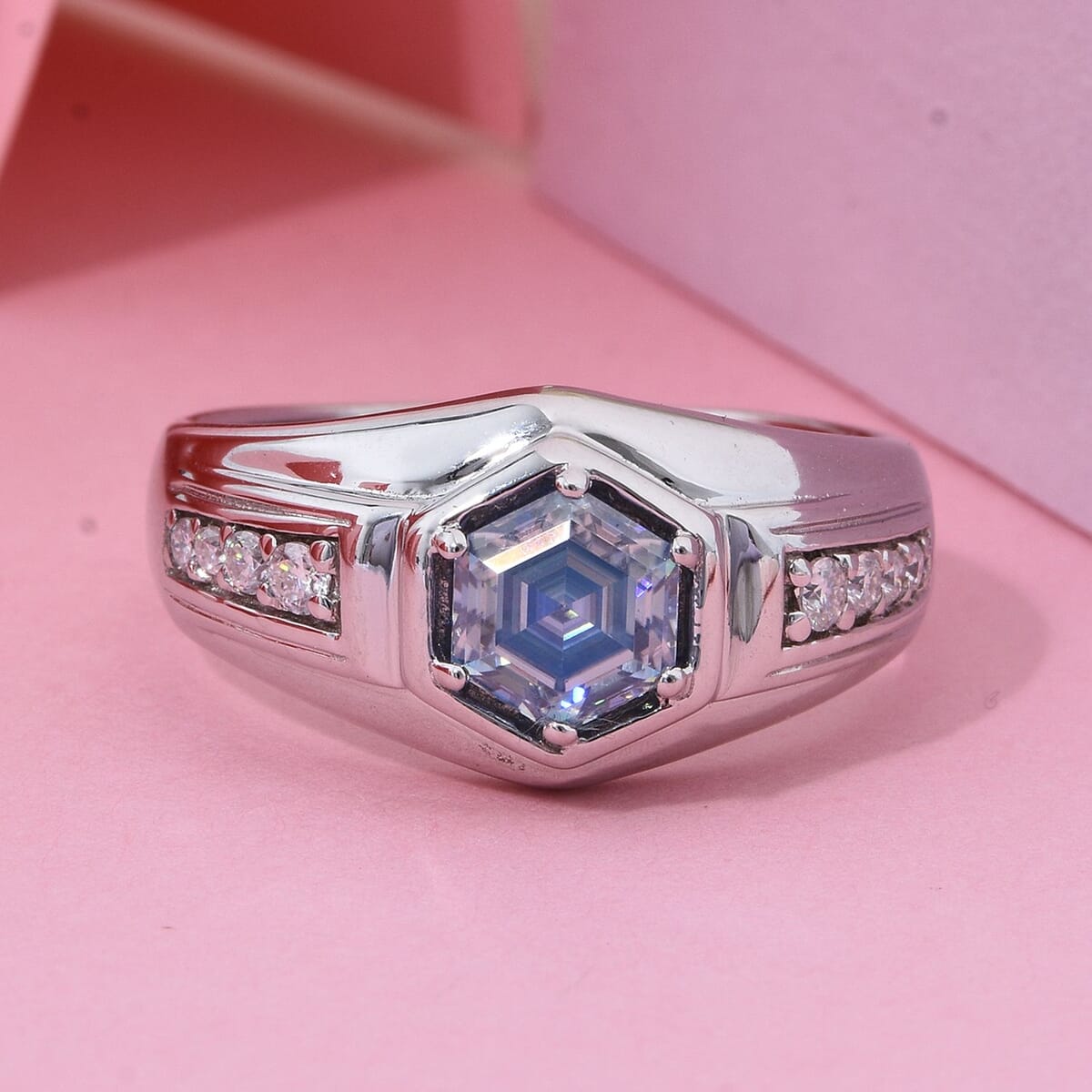 Blue and White Moissanite 1.25 ctw Mens Ring in Rhodium Over Sterling Silver (Size 11.0) image number 1