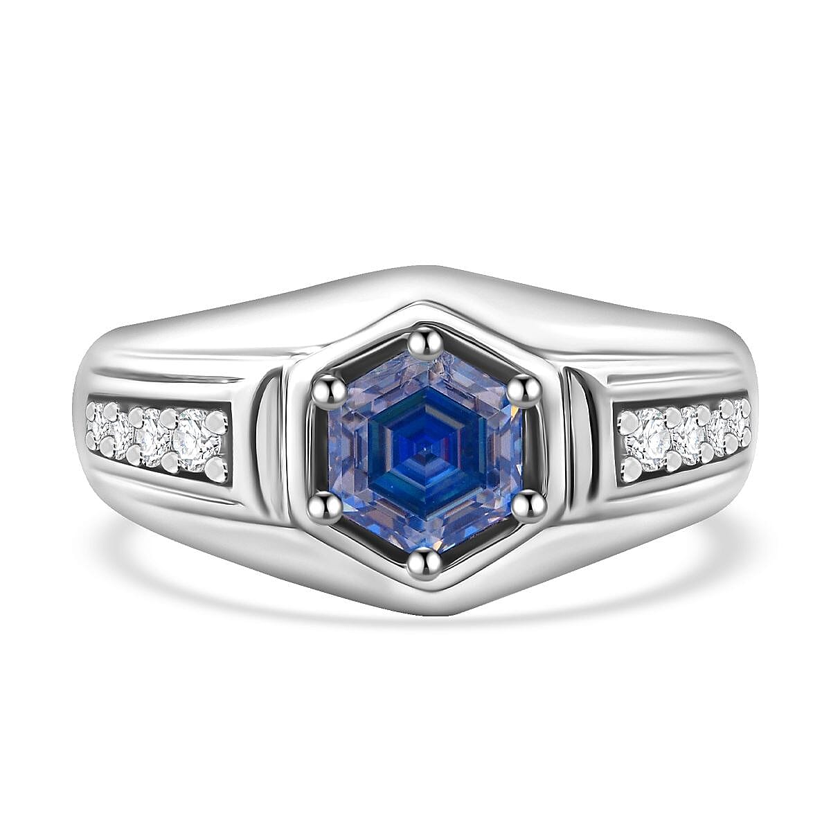 Blue and White Moissanite 1.25 ctw Mens Ring in Rhodium Over Sterling Silver (Size 12.0) image number 0