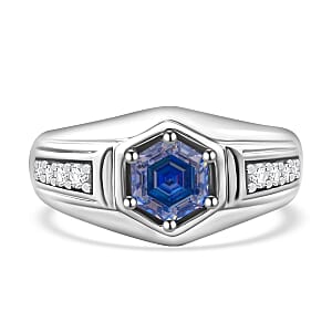 Blue and White Moissanite 1.25 ctw Mens Ring in Rhodium Over Sterling Silver (Size 12.0)