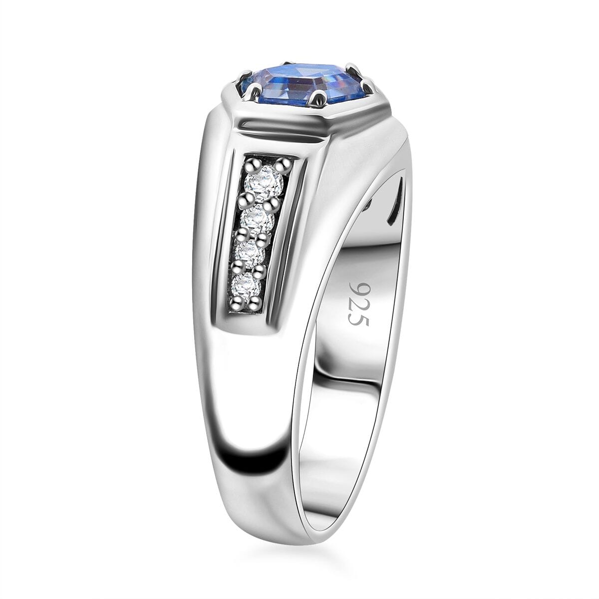 Blue and White Moissanite 1.25 ctw Mens Ring in Rhodium Over Sterling Silver (Size 13.0) image number 3