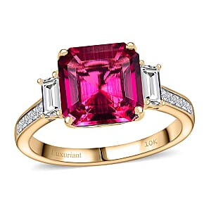 Certified & Appraised Asscher Cut AAA Luxuriant Bixbite (LG) and E-F VS Lab Grown Diamond 4.59 ctw Ring in 10K Yellow Gold (Size 10.0)