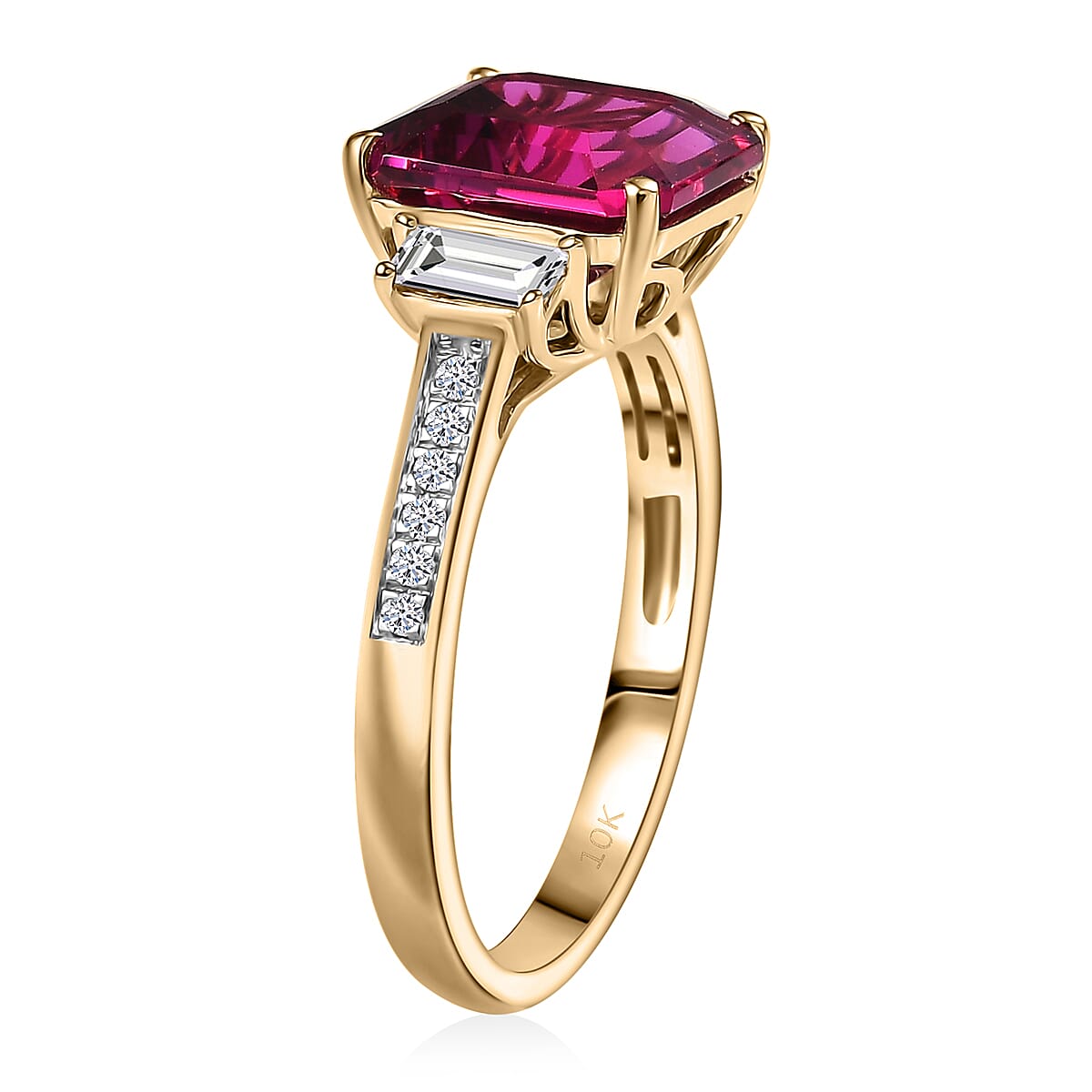 Certified & Appraised Asscher Cut AAA Luxuriant Bixbite (LG) and E-F VS Lab Grown Diamond 4.59 ctw Ring in 10K Yellow Gold (Size 10.0) image number 3