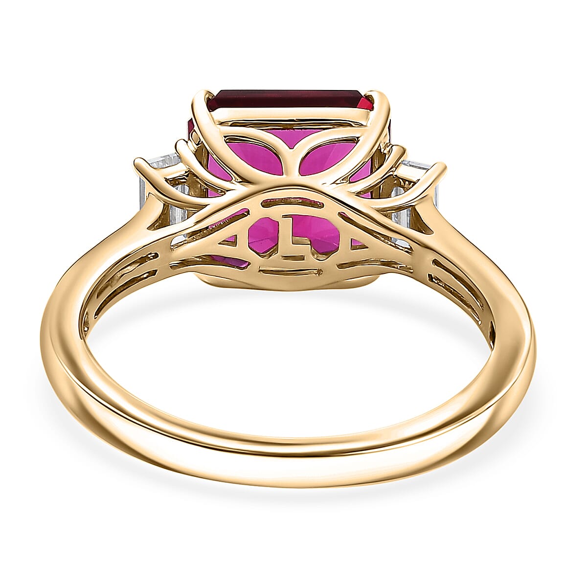 Certified & Appraised Asscher Cut AAA Luxuriant Bixbite (LG) and E-F VS Lab Grown Diamond 4.59 ctw Ring in 10K Yellow Gold (Size 10.0) image number 4