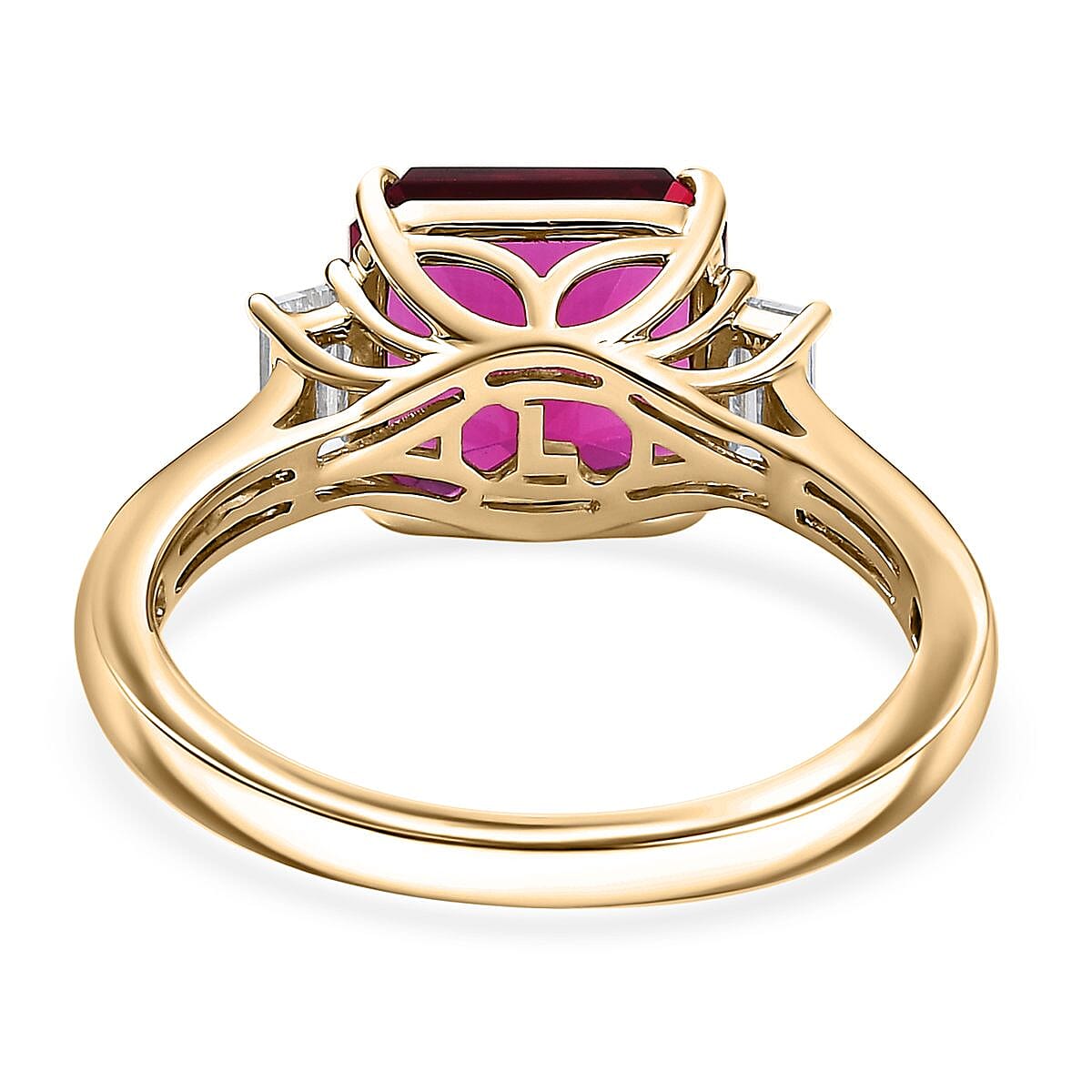 Certified & Appraised Asscher Cut AAA Luxuriant Bixbite (LG) and E-F VS Lab Grown Diamond 4.59 ctw Ring in 10K Yellow Gold (Size 9.0) image number 4