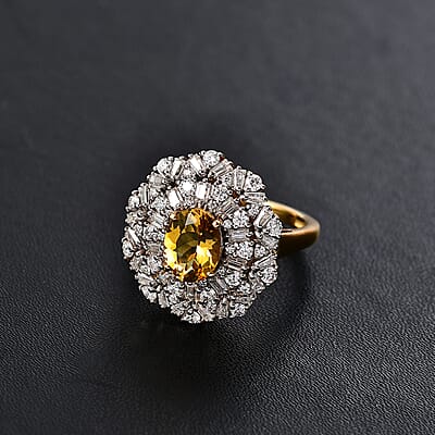 D'Joy Premium Brazilian Heliodor and Moissanite Celestial Bloom 3.90 ctw Ring in 18K Vermeil YG Over Sterling Silver (Size 10.0)