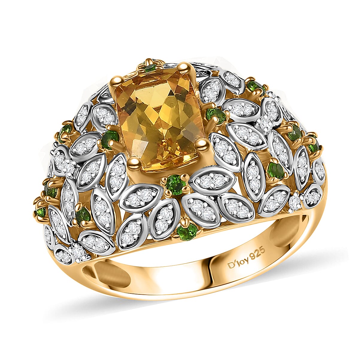 Heliodor ,  Natural Chrome Diopside ,  White Zircon  Main Stone With Side Stone Ring in 18K YG VermeilSterling Silver 2.98 ctw image number 0