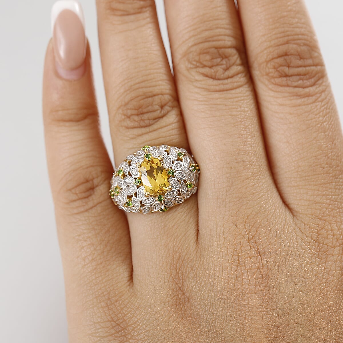 Heliodor ,  Natural Chrome Diopside ,  White Zircon  Main Stone With Side Stone Ring in 18K YG VermeilSterling Silver 2.98 ctw image number 2