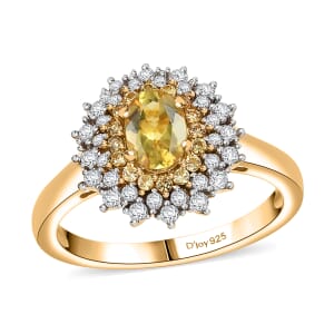 Premium Brazilian Heliodor and Multi Gemstone 1.50 ctw Sunburst Halo Ring in 18K Vermeil Yellow Gold Over Sterling Silver (Size 10.0)