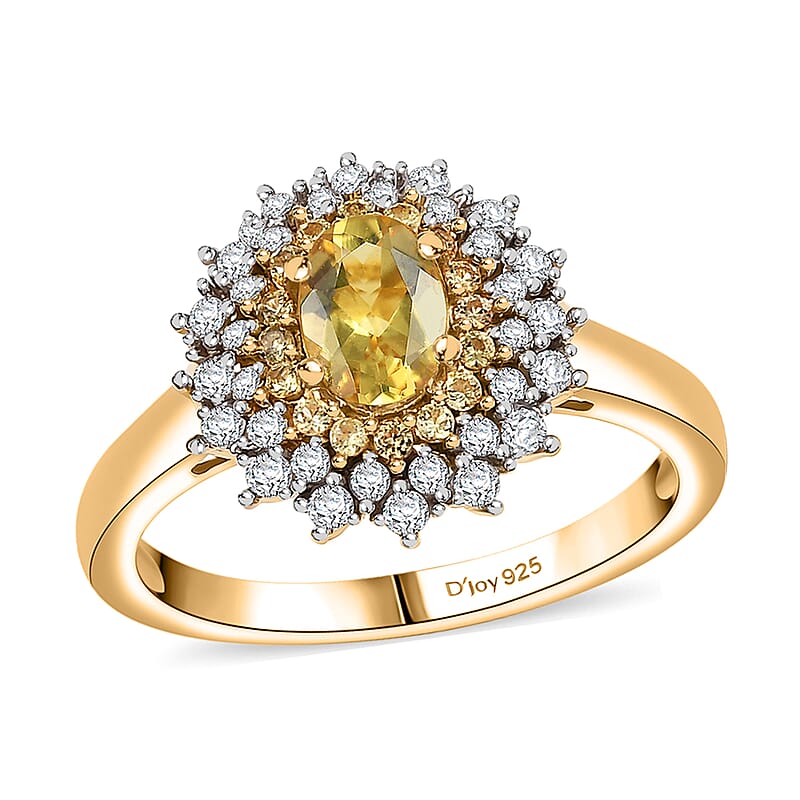 D'Joy Premium Brazilian Heliodor and Multi Gemstone 1.50 ctw Sunburst Halo Ring in 18K Vermeil Yellow Gold Over Sterling Silver (Size 10.0)