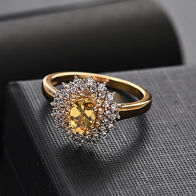 D'Joy Premium Brazilian Heliodor and Multi Gemstone 1.50 ctw Sunburst Halo Ring in 18K Vermeil Yellow Gold Over Sterling Silver (Size 10.0)