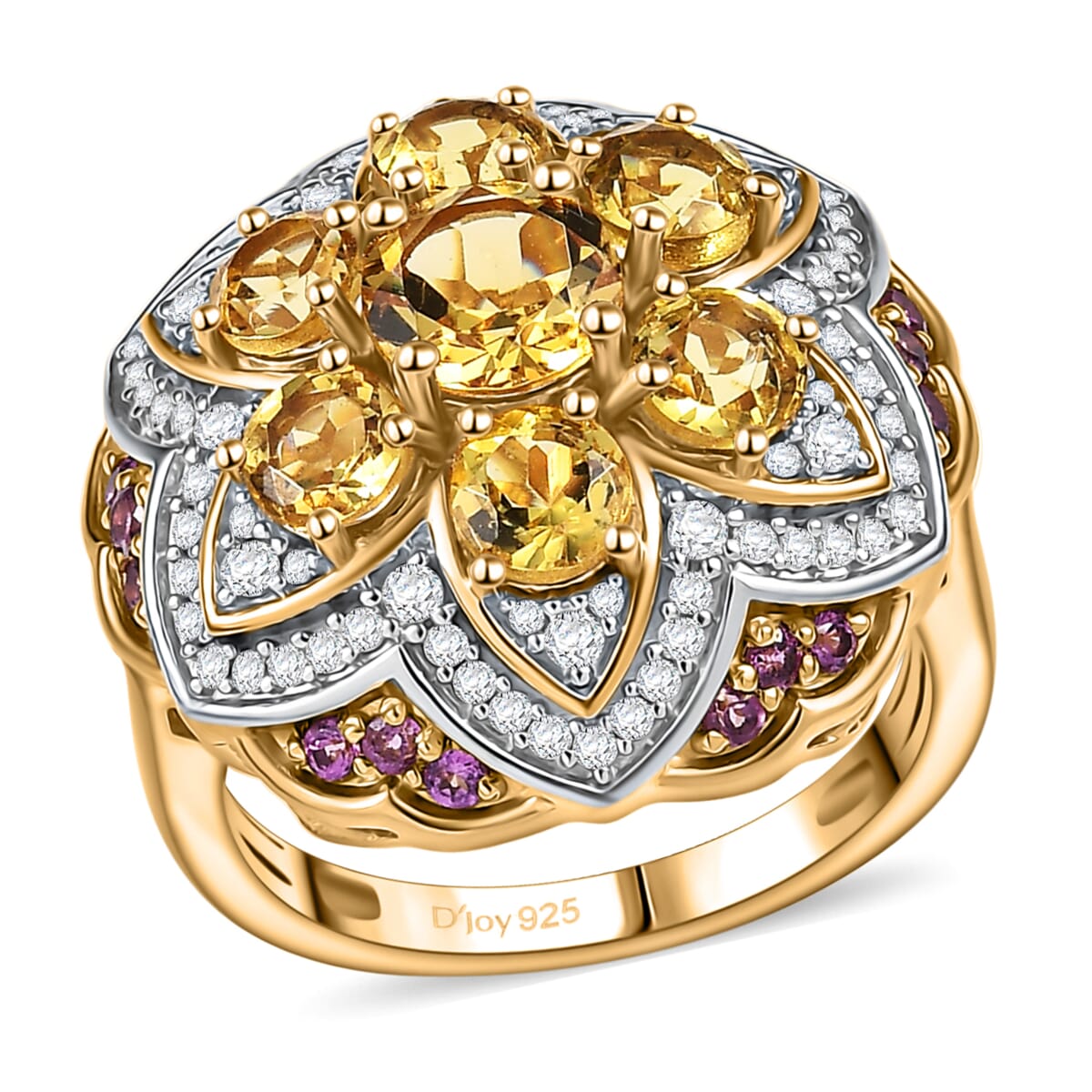 D'Joy Premium Brazilian Heliodor, Multi Gemstone 3.85 ctw Lotus Ring in 18K Vermeil Yellow Gold Over Sterling Silver (Size 10.0) image number 0