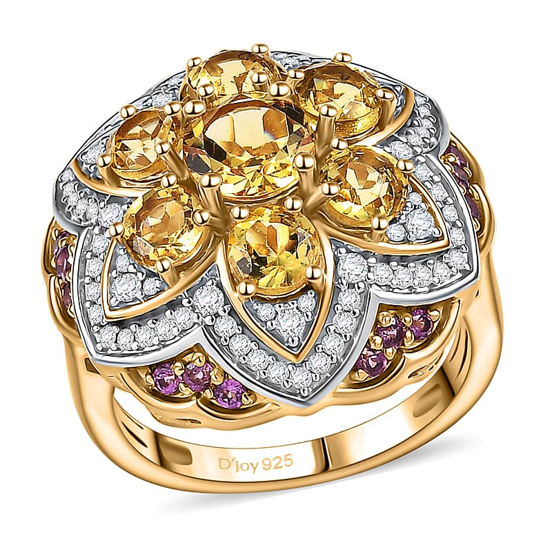 D'Joy Premium Brazilian Heliodor, Multi Gemstone 3.85 ctw Lotus Ring in 18K Vermeil Yellow Gold Over Sterling Silver (Size 10.0)