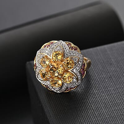 D'Joy Premium Brazilian Heliodor, Multi Gemstone 3.85 ctw Lotus Ring in 18K Vermeil Yellow Gold Over Sterling Silver (Size 10.0)