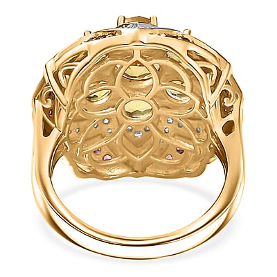 D'Joy Premium Brazilian Heliodor, Multi Gemstone 3.85 ctw Lotus Ring in 18K Vermeil Yellow Gold Over Sterling Silver (Size 10.0)