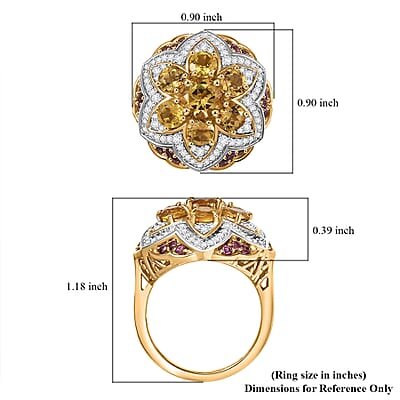 D'Joy Premium Brazilian Heliodor, Multi Gemstone 3.85 ctw Lotus Ring in 18K Vermeil Yellow Gold Over Sterling Silver (Size 10.0)