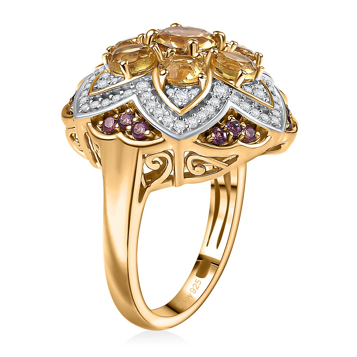 D'Joy Premium Brazilian Heliodor, Multi Gemstone 3.85 ctw Lotus Ring in 18K Vermeil Yellow Gold Over Sterling Silver (Size 6.0) image number 3