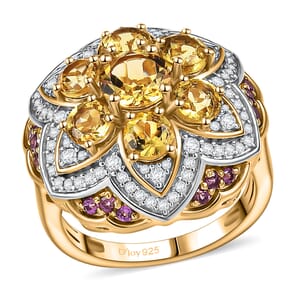 D'Joy Premium Brazilian Heliodor, Multi Gemstone 3.85 ctw Lotus Ring in 18K Vermeil Yellow Gold Over Sterling Silver (Size 7.0)